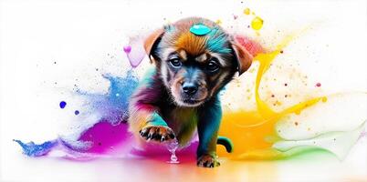 Puppy playing in colorful water color , dirty with color splash. . photo