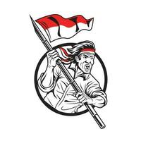a warrior man carrying the Indonesian flag. shouted with enthusiasm to defend Indonesia. Indonesian Independence day vector