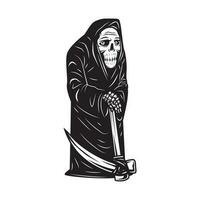 old grim reaper with sickle character vector illustration. black and white