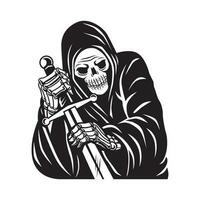 grim reaper with sword character vector illustration. black and white