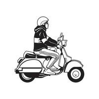 a man riding scooter black and white vector illustration