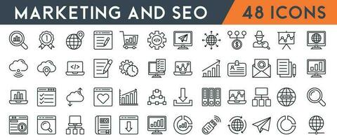 márketing y seo Delgado línea íconos colocar. seo icono recopilación. web desarrollo y mejoramiento iconos vector ilustración