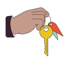 Giving key flat line concept vector spot illustration. Handing house key 2D cartoon outline hand on white for web UI design. Concierge, Real estate agent hand editable isolated colorful hero image