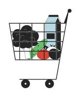 Shopping cart with purchases flat line color isolated vector object. Healthy food in basket. Editable clip art image on white background. Simple outline cartoon spot illustration for web design