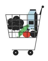 Shopping cart with purchases flat line color isolated vector object. Healthy food in basket. Editable clip art image on white background. Simple outline cartoon spot illustration for web design