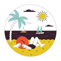 Vacation beach flat line vector spot round illustration. Lying sunbathing girl looking at ocean 2D cartoon outline character on white for web UI design. Editable isolated colorful hero image