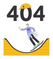 Skater rides on ramp error 404 flash message. Active man with cap having fun. Hobby. Empty state ui design. Page not found popup cartoon image. Vector flat illustration concept on white background