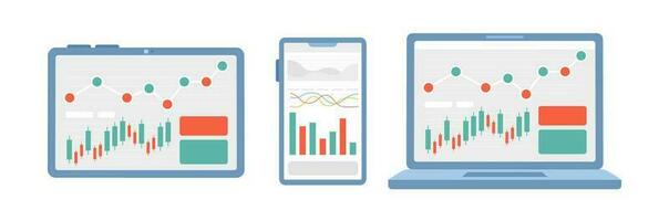 Devices with diagrams and charts semi flat colour vector objects set. Business statistics. Editable cartoon clip art icons on white background. Simple spot illustration pack for web graphic design