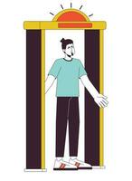 Metal detector go off at airport flat line vector spot illustration. Annoyed man stands in security gate 2D cartoon outline character on white for web UI design. Editable isolated colorful hero image