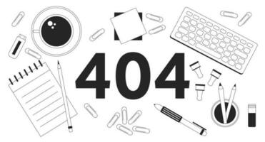 lugar de trabajo negro blanco error 404 destello mensaje. oficina suministros. papelería para trabajar. monocromo vacío estado ui diseño. página no encontró surgir dibujos animados imagen. vector plano contorno ilustración concepto