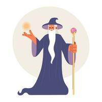 Old wizard flat concept vector spot illustration. Mysterious magician with long silver beard and magic staff 2D cartoon character on white for web UI design. Isolated editable creative hero image