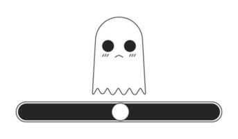 Unhappy ghost creature on progress black white loading bar flat design. Spirit waiting for loading. Web loader ui ux. Graphical user interface. Outline cartoon vector illustration on white background