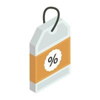 Percentage sign on card, isometric design of discount tag icon vector