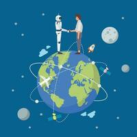 Handshake between man and robot over the earth vector