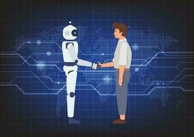 Handshake between man and robot over the abstract technology background vector