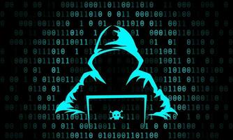 A mysterious and dangerous hacker with binary code background. Vector Illustration.