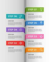 Infographic labels in the book design template. Timeline with 7 steps to success. Business presentation. Vector illustration.
