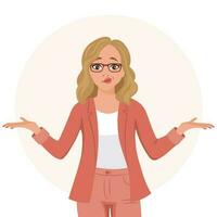 A young woman in glasses with an expression of bewilderment, doubt. Emotions and gestures. Flat style illustration, vector