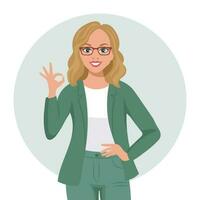 Young woman in glasses with a joyful expression and an ok gesture. Emotions and gestures. Flat style illustration, vector