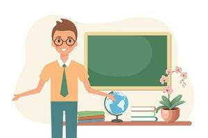 Male teacher in the classroom with school furnishings. The concept of school and learning, teacher's day. Vector illustration in flat cartoon style