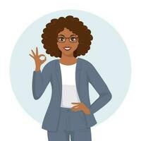 Black african american woman with joyful expression shows hand gesture ok. Human emotions. Flat style illustration, vector