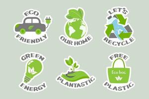 Set of environmental awareness stickers with slogan. Flat design eco concepts collection. Icons, vector