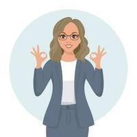 Young woman in glasses with a joyful expression and an ok gesture. Emotions and gestures. Flat style illustration, vector