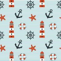 Nautical seamless pattern, anchor, lighthouse, lifebuoy, starfish and rudder on background with waves. Background, print, textile, wallpaper vector