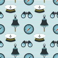 Nautical seamless pattern, compass, binoculars, captain's cap and ship's bell on a background with waves. Background, print, textile, wallpaper vector