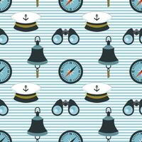 Nautical seamless pattern, compass, binoculars, captain's cap and ship's bell on a background with waves. Background, print, textile, wallpaper vector