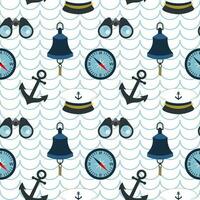 Nautical seamless pattern, compass, binoculars, captain's cap and ship's bell on a background with waves. Background, print, textile, wallpaper vector