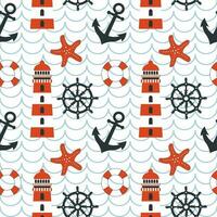 Nautical seamless pattern, anchor, lighthouse, lifebuoy, starfish and rudder on background with waves. Background, print, textile, wallpaper vector