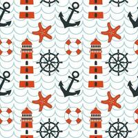 Nautical seamless pattern, anchor, lighthouse, lifebuoy, starfish and rudder on background with waves. Background, print, textile, wallpaper vector