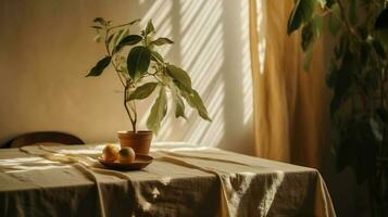 Modern interior lifestyle Mediterranean in summer scene, plant with fruit on table with light and shadow in dining room photo