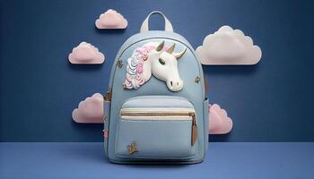 frio unicornio niños muchachas cuero mochila con decorativo nubes y estrellas. ai generado. foto