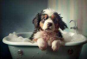 Cute puppy dog in bathtub , pets cleaning, studio shot. . photo