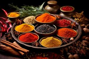 Composition with assortment of spices and herbs. photo