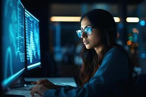 Young Female Artificial Intelligence Engineer Working on Computer in a Technological Office. Young Indian Specialist Writing Software Code for an Innovative Big Data Blockchain Project. AI Generated photo