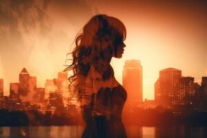 Double exposure of female silhouette and modern city. AI Generated photo