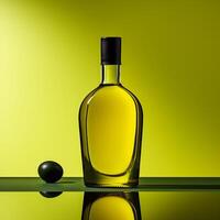 modern minimalist niche olive oil bottle design, olives. AI Generated photo