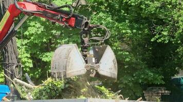 detailopname van graafmachine emmer werk. de graafmachine emmer ladingen takken van gedaald bomen in de terug van een vrachtwagen. video