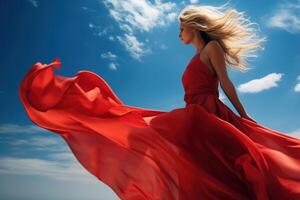 Woman Red Flying Dress. A blonde in a red dress against the sky.. AI Generated photo