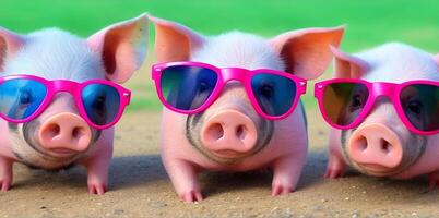 Image of pigs wearing colorful sunglasses. AI Generated photo