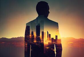 The double exposure image of the business man standing back during sunrise overlay with cityscape image. . photo