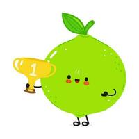 Lime hold gold trophy cup. Vector hand drawn cartoon kawaii character illustration icon. Isolated on white background. Lime with winner trophy cup