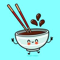 Jumping Bowl of soy sauce. Vector hand drawn cartoon kawaii character illustration icon. Isolated on blue background. Bowl of soy sauce character concept