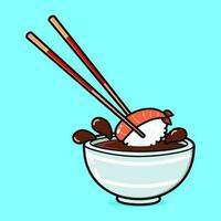 Cute funny Bowl of soy sauce. Vector hand drawn cartoon kawaii character illustration icon. Isolated on blue background. Bowl of soy sauce character concept