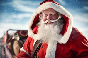 a happy and cheerful Santa Claus standing by a sleighs in North Pole.. AI Generated photo