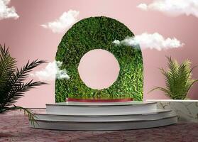 3d rendered podium with green grass natural wall arch and round pink stage photo