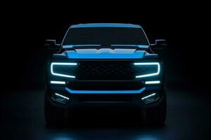 AI Generative Electric pickup truck front view with neon light photo